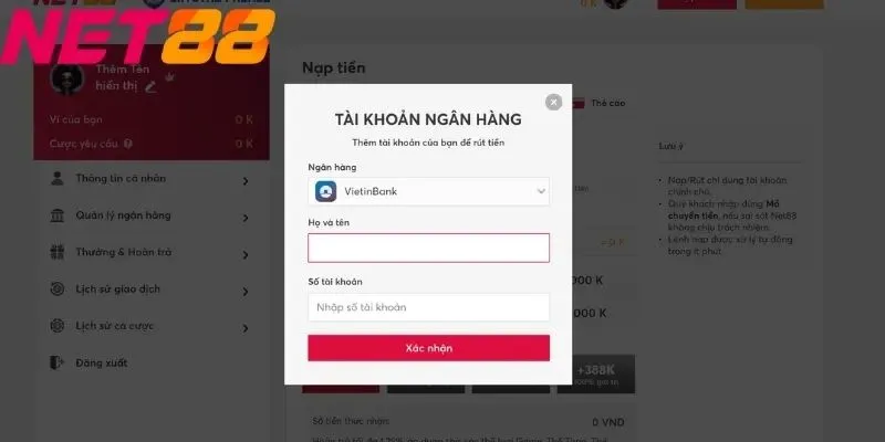 Làm theo các bước hướng dẫn cụ thể để nạp tiền NET88